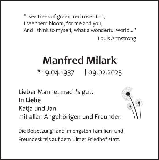 Traueranzeige von Manfred Milark von SÜDWEST PRESSE Ausgabe Ulm/Neu-Ulm