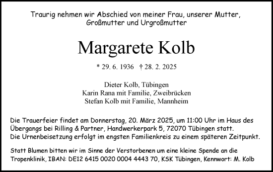 Traueranzeige von Margarete Kolb von Schwäbische Tagblatt