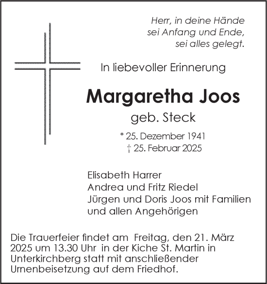 Traueranzeige von Margaretha Joos von SÜDWEST PRESSE Ausgabe Ulm/Neu-Ulm