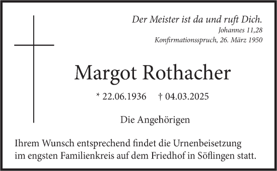 Traueranzeige von Margot Rothacher von SÜDWEST PRESSE Ausgabe Ulm/Neu-Ulm