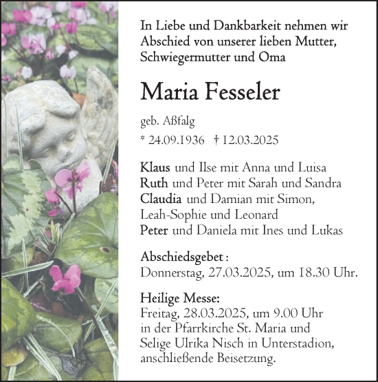 Traueranzeige von Maria Fesseler von Ehinger Tagblatt