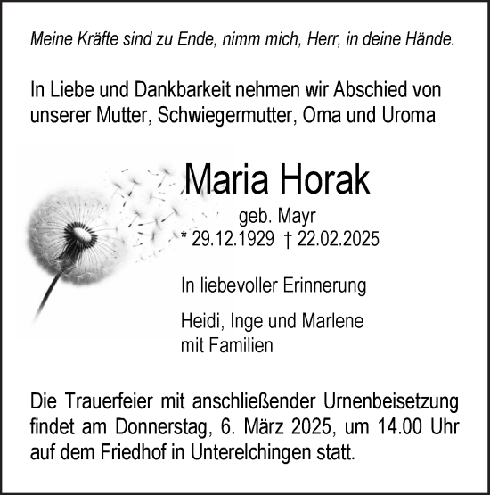 Traueranzeige von Maria Horak von SÜDWEST PRESSE Ausgabe Ulm/Neu-Ulm