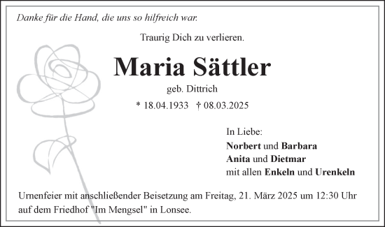 Traueranzeige von Maria Sättler von SÜDWEST PRESSE Ausgabe Ulm/Neu-Ulm