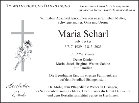 Traueranzeige von Maria Scharl von SÜDWEST PRESSE Zollernalbkreis/Hohenzollerische Zeitung