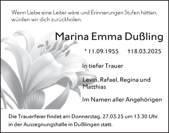 Traueranzeige von Marina Emma Dußling von Schwäbische Tagblatt