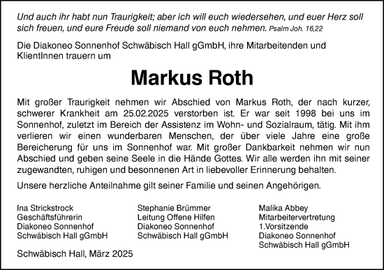 Traueranzeige von Markus Roth von Haller Tagblatt/Hohenloher Tagblatt