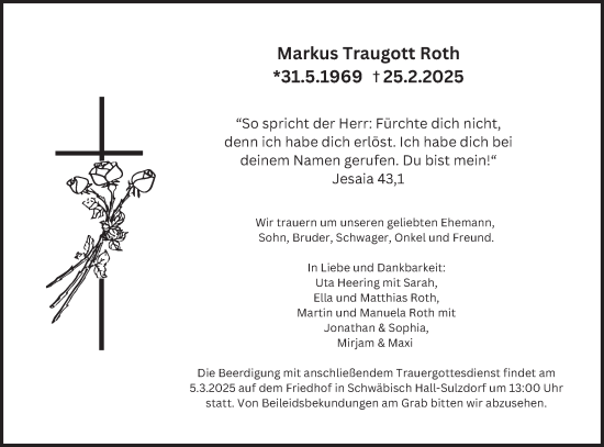 Traueranzeige von Markus Traugott Roth von Haller Tagblatt