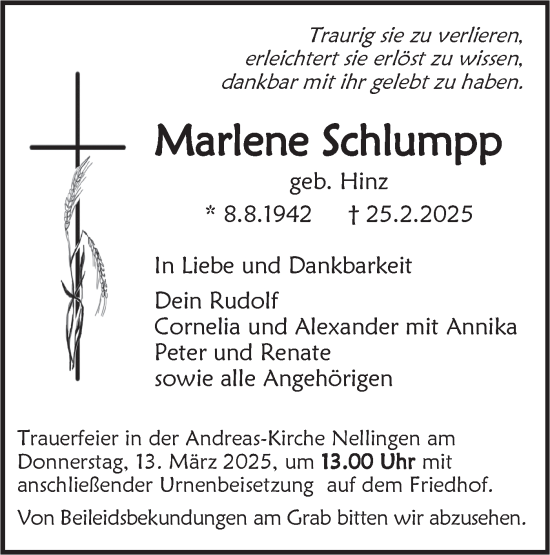 Traueranzeige von Marlene Schlumpp von SÜDWEST PRESSE Ausgabe Ulm/Neu-Ulm