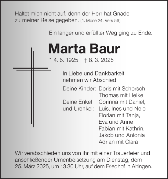 Traueranzeige von Marta Baur von Schwäbische Tagblatt