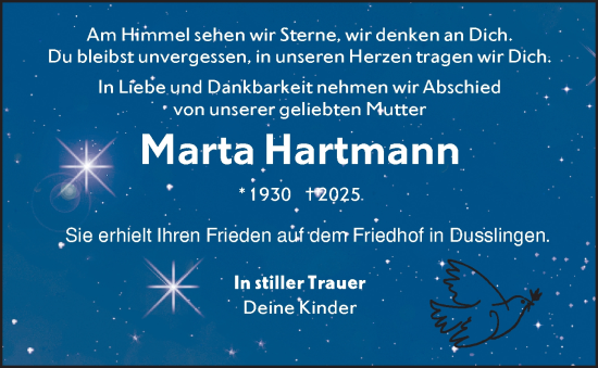 Traueranzeige von Marta Hartmann von Schwäbische Tagblatt