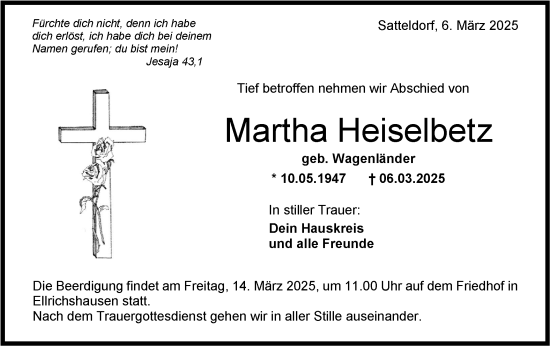 Traueranzeige von Martha Heiselbetz von Hohenloher Tagblatt