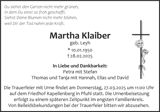 Traueranzeige von Martha Klaiber von SÜDWEST PRESSE Ausgabe Ulm/Neu-Ulm