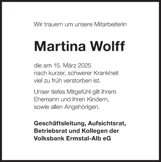 Traueranzeige von Martina Wolff von Alb-Bote/Metzinger-Uracher Volksblatt