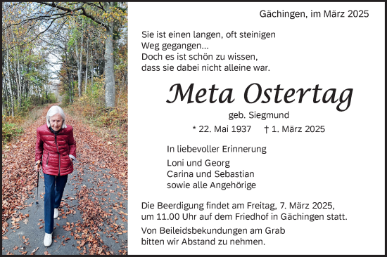 Traueranzeige von Meta Ostertag von Alb-Bote/Metzinger-Uracher Volksblatt