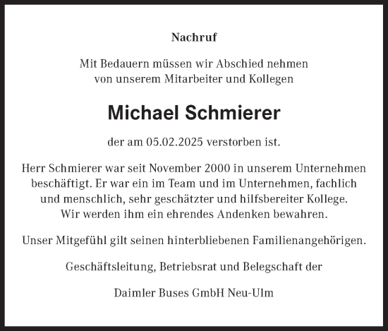 Traueranzeige von Michael Schmierer von SÜDWEST PRESSE Ausgabe Ulm/Neu-Ulm