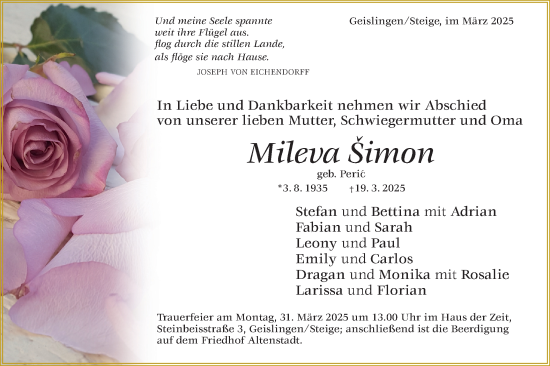 Traueranzeige von Mileva Simon von Geislinger Zeitung