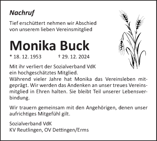 Traueranzeige von Monika Buck von Alb-Bote/Metzinger-Uracher Volksblatt