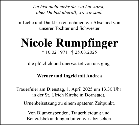 Traueranzeige von Nicole Rumpfinger von SÜDWEST PRESSE Ausgabe Ulm/Neu-Ulm