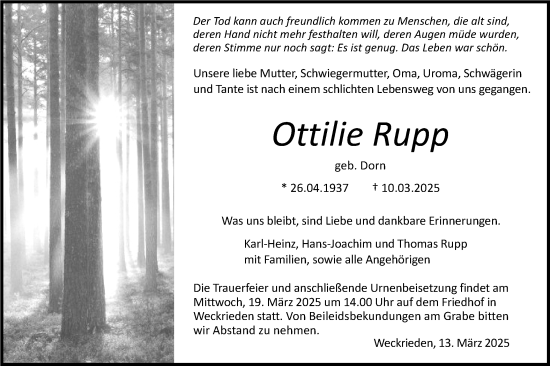 Traueranzeige von Ottilie Rupp von Haller Tagblatt