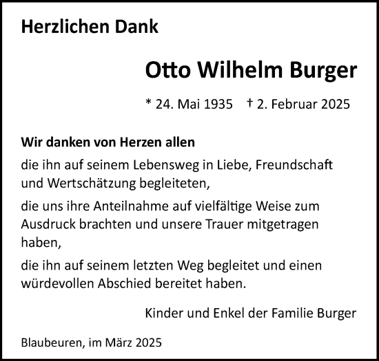Traueranzeige von Otto Wilhelm Burger von Das Blaumännle