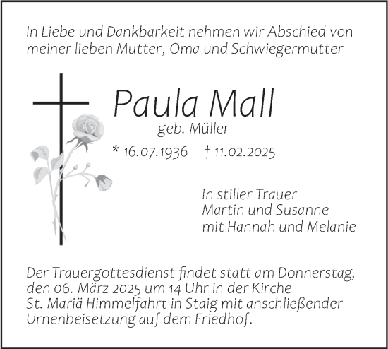 Traueranzeige von Paula Mall von SÜDWEST PRESSE Ausgabe Ulm/Neu-Ulm