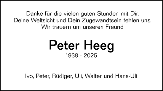 Traueranzeige von Peter Heeg von SÜDWEST PRESSE Ausgabe Ulm/Neu-Ulm