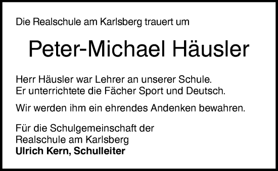Traueranzeige von Peter-Michael Häusler von Hohenloher Tagblatt