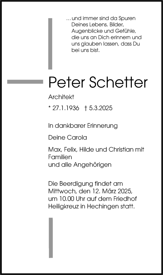 Traueranzeige von Peter Schetter von SÜDWEST PRESSE Zollernalbkreis/Hohenzollerische Zeitung