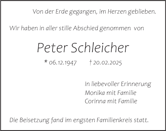 Traueranzeige von Peter Schleicher von SÜDWEST PRESSE Ausgabe Ulm/Neu-Ulm