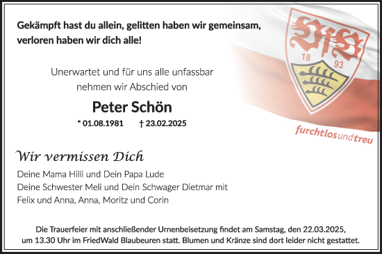 Traueranzeige von Peter Schön von Ehinger Tagblatt