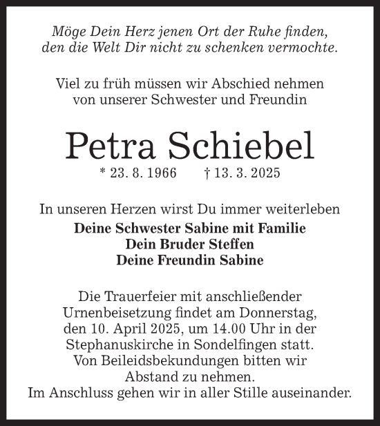 Traueranzeige von Petra Schiebel von Schwäbische Tagblatt