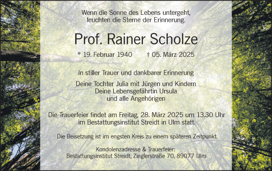 Traueranzeige von Rainer Scholze von SÜDWEST PRESSE Ausgabe Ulm/Neu-Ulm
