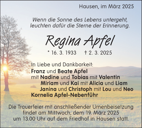 Traueranzeige von Regina Apfel von Geislinger Zeitung