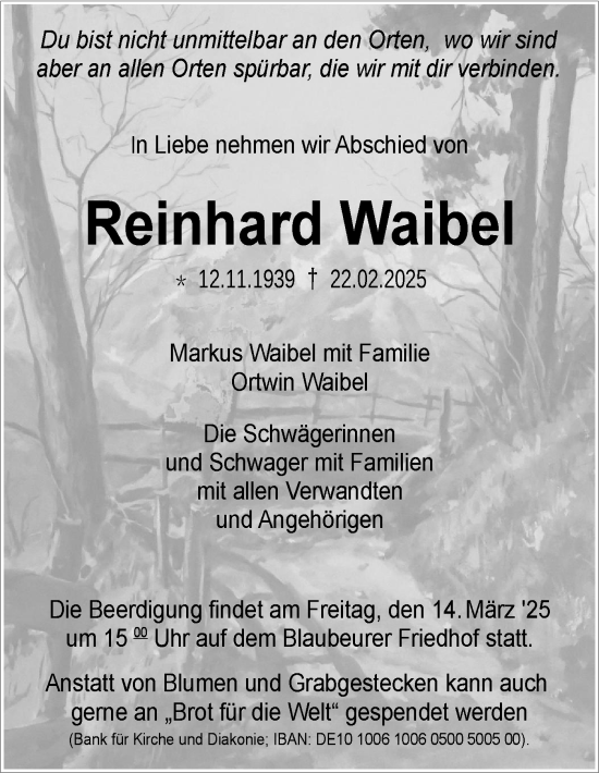 Traueranzeige von Reinhard Waibel von SÜDWEST PRESSE Ausgabe Ulm/Neu-Ulm/Das Blaumännle