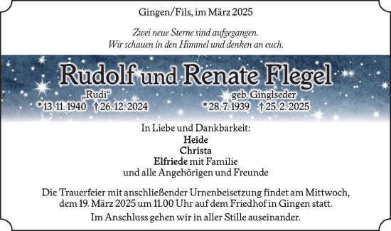 Traueranzeige von Renate Flegel von NWZ Neue Württembergische Zeitung/Geislinger Zeitung