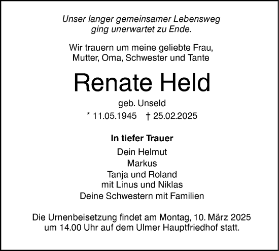 Traueranzeige von Renate Held von SÜDWEST PRESSE Ausgabe Ulm/Neu-Ulm