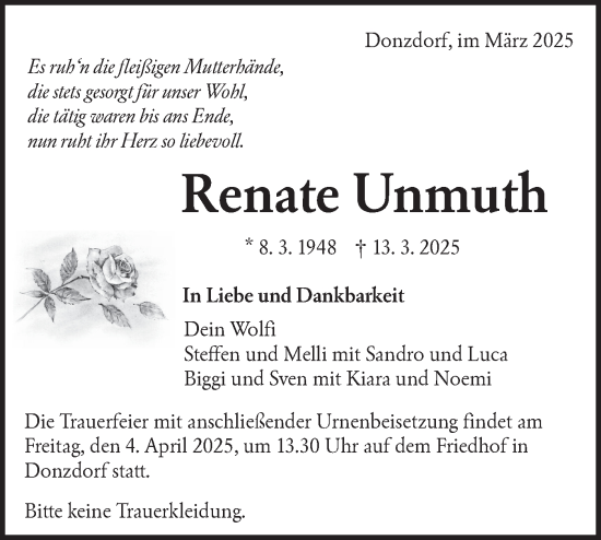 Traueranzeige von Renate Unmuth von NWZ Neue Württembergische Zeitung