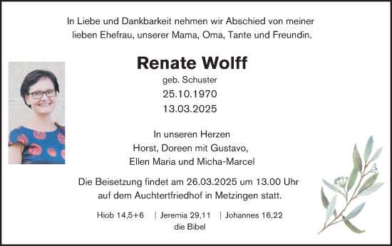 Traueranzeige von Renate Wolff von Alb-Bote/Metzinger-Uracher Volksblatt