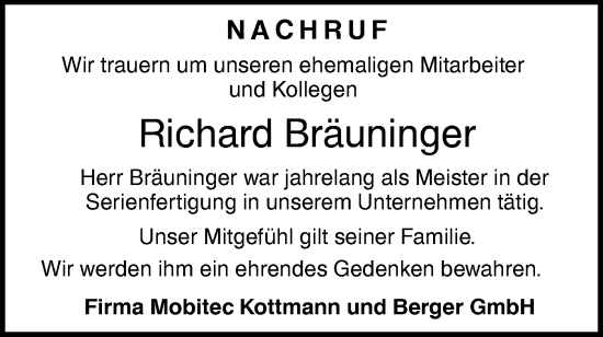 Traueranzeige von Richard Bräuninger von NWZ Neue Württembergische Zeitung