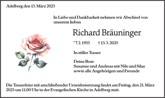Traueranzeige von Richard Bräuninger von NWZ Neue Württembergische Zeitung