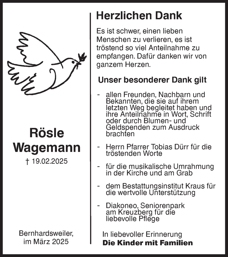  Traueranzeige für Rösle Wagemann vom 29.03.2025 aus Hohenloher Tagblatt
