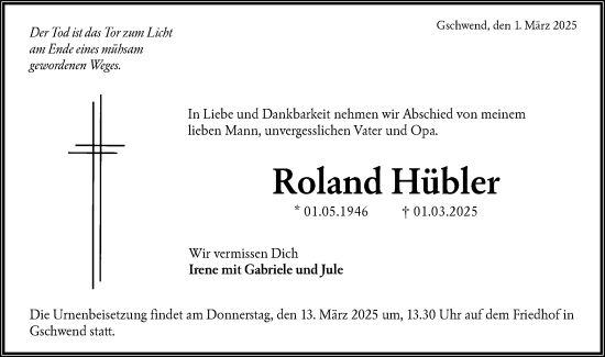 Traueranzeige von Roland Hübler von Rundschau Gaildorf