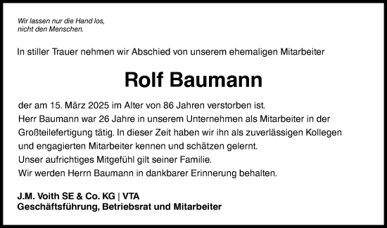 Traueranzeige von Rolf Baumann von Hohenloher Tagblatt