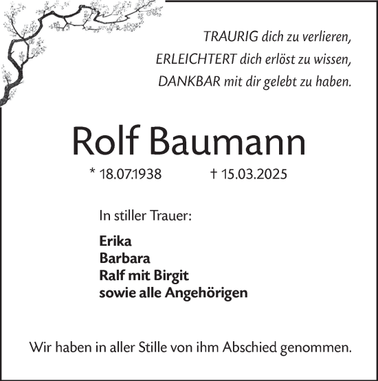 Traueranzeige von Rolf Baumann von Hohenloher Tagblatt