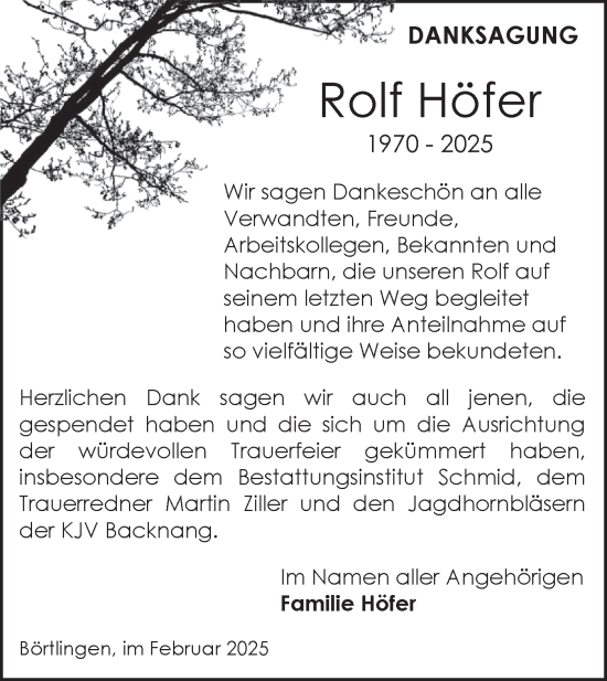 Traueranzeige von Rolf Höfer von NWZ Neue Württembergische Zeitung