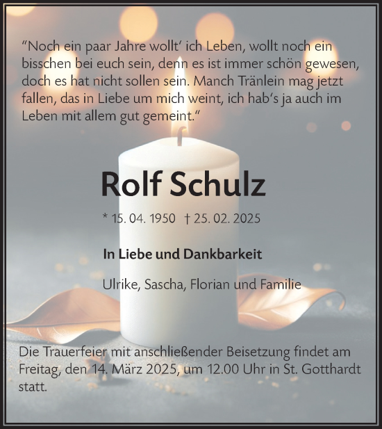 Traueranzeige von Rolf Schulz von NWZ Neue Württembergische Zeitung