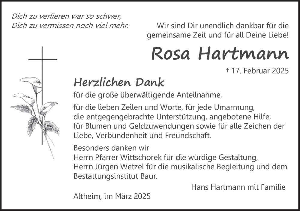  Traueranzeige für Rosa Hartmann vom 21.03.2025 aus Ehinger Tagblatt