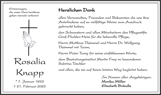 Traueranzeige von Rosalia Knapp von Rundschau Gaildorf
