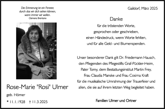 Traueranzeige von Rose-Marie  Ulmer von Rundschau Gaildorf