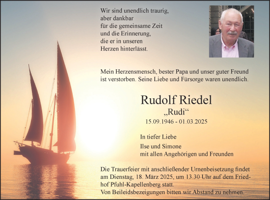 Traueranzeige von Rudi Riedel von SÜDWEST PRESSE Ausgabe Ulm/Neu-Ulm